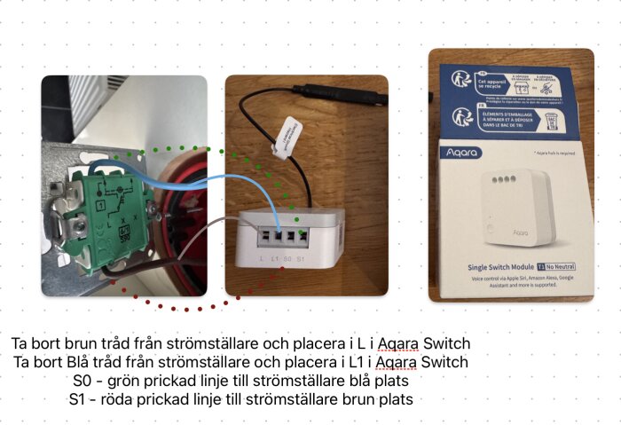 Anslutningsdiagram för Aqara T1 utan neutral med strömställare; uppmärkt med färgade prickade linjer och bilder av strömställare, switch-modul och förpackning.