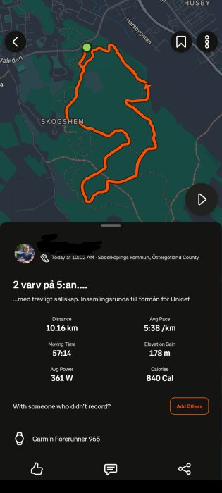 Karta över löprunda med två varv runt Skogshem i Söderköping, visar rutt, distans, tid, tempo och kalorier. Insamlingsrunda till förmån för Unicef.