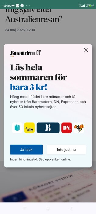 Annonserbjudande för nyhetstjänst med titeln "Läs hela sommaren för bara 3 kr!" från Barometern OT och andra sajter.