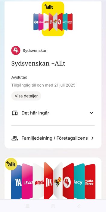 Digital prenumerationstjänst Sydsvenskan +Allt med logotyper från olika tidningar och magasin på en gul bakgrund.