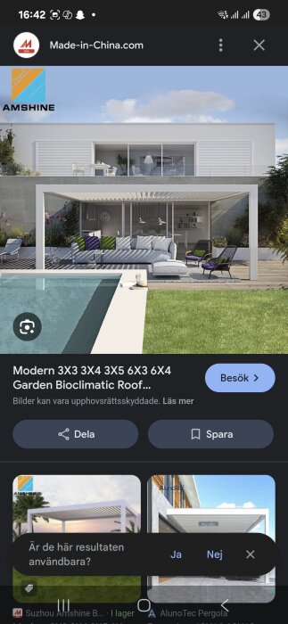 Modernt hus med trädgård, pool och pergola med soffgrupp, bilden från Made-in-China.com, märkning Amshine.