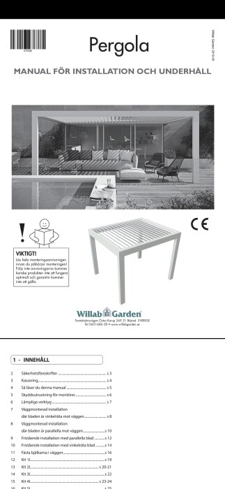 Manualomslag för pergola från Willab Garden med instruktioner för installation och underhåll.