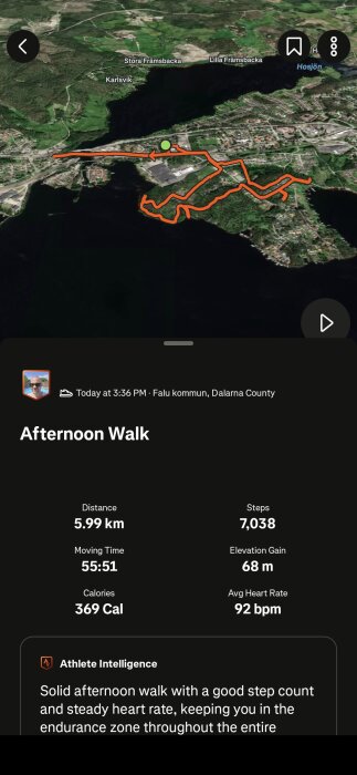 Karta över promenadrutt i Falu kommun med detaljer: 5,99 km, 7038 steg, 55:51 minuter, 369 kalorier, 68 m höjd och 92 bpm medelpuls.