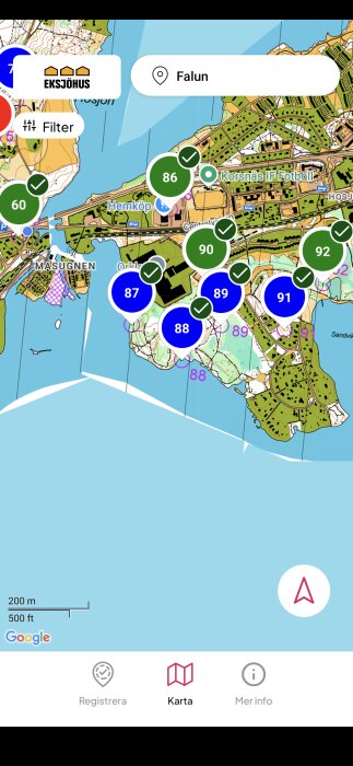 Digital karta över Falun med markörer som visar olika platser, inklusive ett område markerat som "Hemköp" nära ett vattendrag.