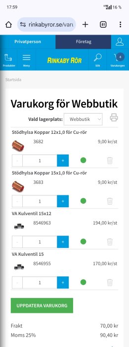 Skärmdump av varukorg från Rinkaby Rörs webbplats med kopparstödhylsor och kulventiler, inklusive priser och antal.