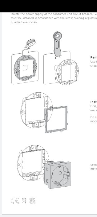 Illustration av installationssteg för att fästa en fyrkantig ram på en rund dosa med skruvmejsel, inkl. sätta fast eluttag på ramen.