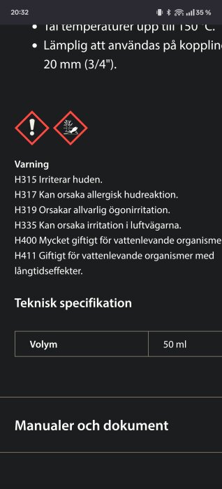 Varningssymboler och text för kemiska risker, inklusive hudirritation och giftighet för vattenorganismer. Teknisk specifikation: 50 ml.