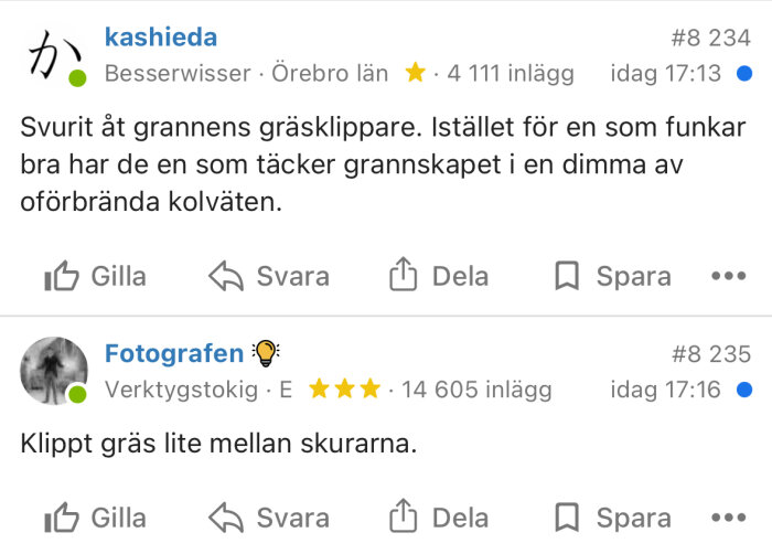 Grannens gräsklippare orsakar dimma av oförbrända kolväten enligt humoristisk forumdiskussion.