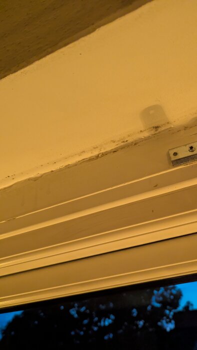 Mögel ovanför ett fönster på en vägg med dålig ventilation, delvis rengjort men rester kvar, synligt problem i ett hus till salu.