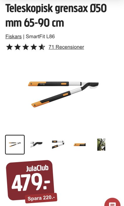 Teleskopisk grensax Fiskars SmartFit L86 med svart och orange handtag, pris 479 kr, spara 220 kr, på kampanj hos Jula.