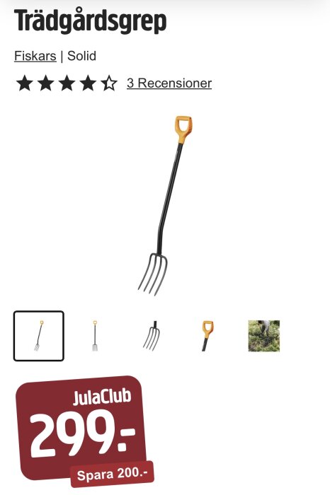 Fiskars trädgårdsgrep Solid med orange handtag, kampanj på Jula för 299 kr, sparar 200 kr.