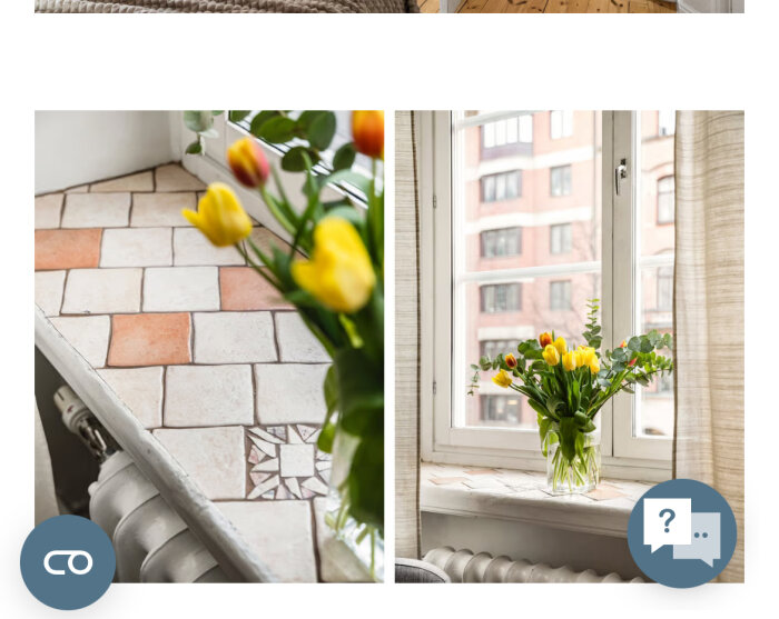 Gammaldags fönsterbräda med mosaikplattor och en vas med gula tulpaner framför ett fönster i en lägenhet.