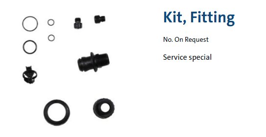 Kit med olika packningar och kopplingar för pumpreparation från Grundfos, visas mot en vit bakgrund.