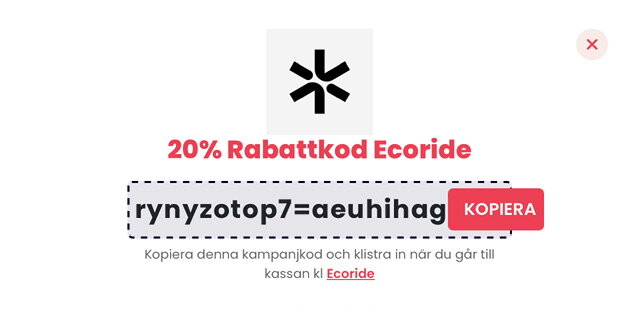Skärmbild av 20% rabattkod för Ecoride med kod 'rynyzotop7=aeuhihag' och en knapp för kopiering.