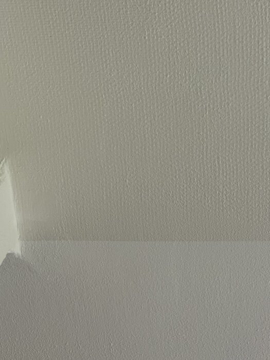 Tak med glasfiberväv och flera lager färg, tydlig struktur jämfört med angränsande slätt tak, visar olika färgnyanser.