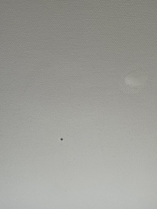 Ett tak med tydlig vävstruktur och en liten mörk prick, troligen glasfiberväv, målat i en annan nyans än ett angränsande slätt tak.