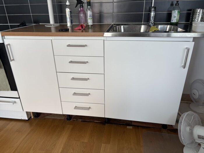 Vit köksbänk med diskho och fläktar på golvet, potentiellt för att torka ut fukt efter läckage under diskbänken.