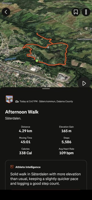 Satellitkarta över vandring i Säters kommun med rutt markerad. Distans: 4,29 km, höjdskillnad: 165 m, steg: 5,586, kalorier: 338.