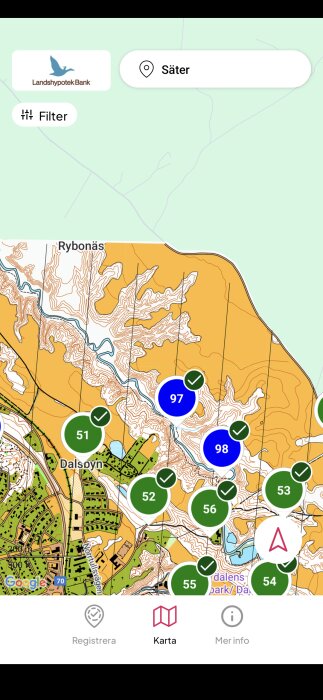Karta med markeringar för Säter och omgivningar, med nummer 51 till 98 och områden i olika färger, samt logotyp för Landshypotek Bank.