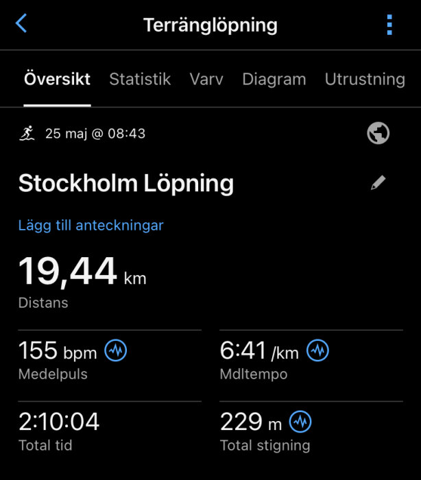 Översikt av en löprunda i Stockholm, 19,44 km distans, snittpuls 155 bpm, medeltempo 6:41 min/km, total tid 2:10:04, 229 m stigning.