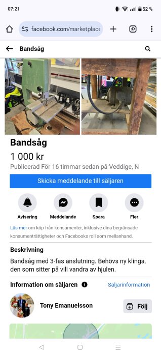 Grön bandsåg bredvid hylla, med detaljerad bild av motor och trämöbel. Säljarens annons med pris och kontaktinformation.