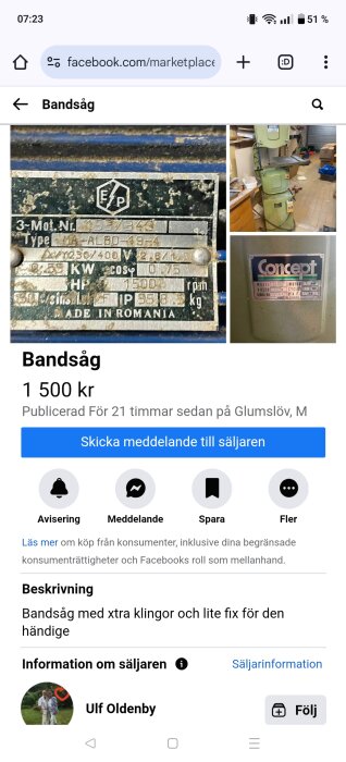 Närbild på en informationsskylt med specifikationer för en bandsåg, samt bilder av själva maskinen och en tillverkningsskylt, annonserad på Facebook Marketplace.