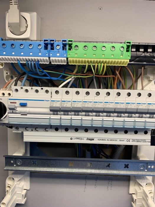 Elcentral med dvärgbrytare och jordfelsbrytare från Hager, kopplade med olika färger på ledningar.