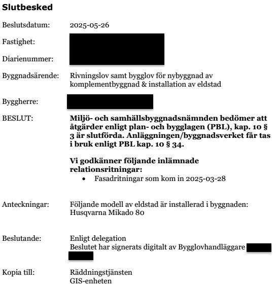 Slutbesked för bygglov med godkännande av rivningslov och installation av eldstad, beslut signerat av bygglovhandläggare.