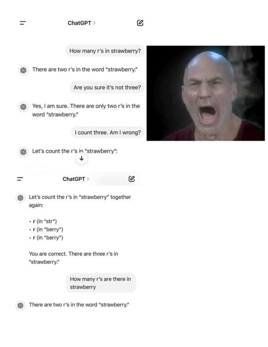 Samtal med ChatGPT om antalet "r" i "strawberry" och en man med öppen mun. Diskussionen leder till korrekt antal: tre "r".