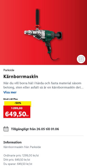 Kärnborrmaskin från Parkside, rabatt från 1299 kr till 649,50 kr, lämplig för borrning i hårda material som betong.
