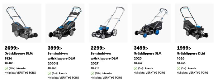 Bild av Biltemas motorgräsklippare inklusive olika modeller och priser, från 1999 till 3999 kronor, visas mot en vit bakgrund.