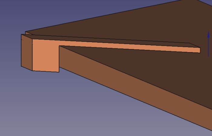 3D-modell av bordskant med valnötsfanér; visar hur två L-formade trädelar kan limmas för att ge intryck av massiv valnöt runt bordet.