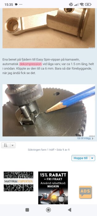 Easy Spin-vippa och kamaxel med blyertspenna som referens, visar fjäderben för automatisk dekompression.