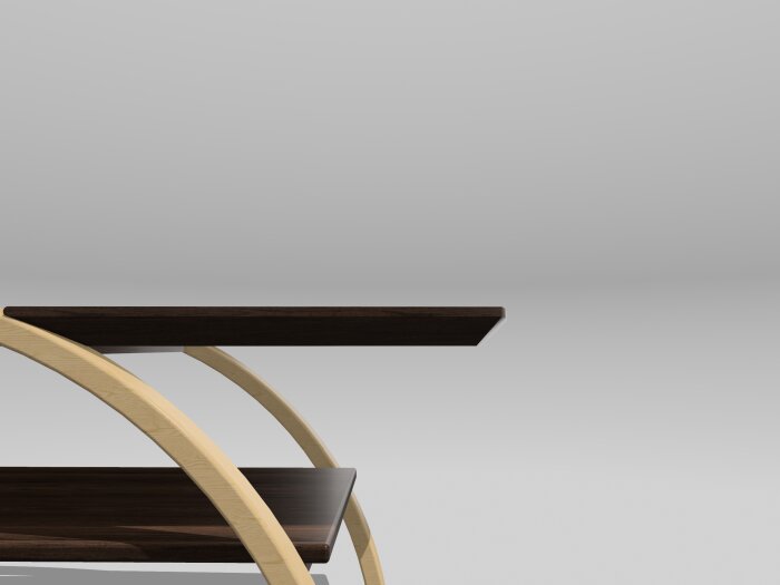 Hylla i trädesign med två nivåer, mörka hyllplan och böjda ljusa sidostöd, del av ett diskussionsinlägg om möbeldesign och hörnkanter.