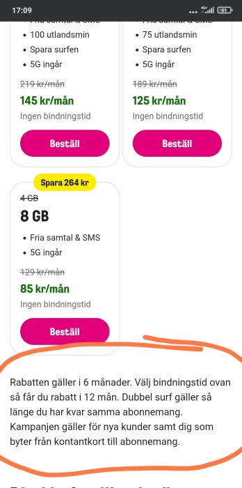 Bild med mobilabonnemangserbjudanden där 8 GB kostar 85 kr/mån utan bindningstid, med kampanj för nya kunder eller de som byter från kontantkort.