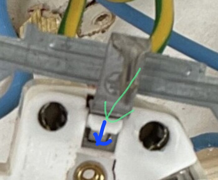 Plastflärp trycks i pilens riktning i en elektrisk anslutning, med grön och blå markering för vägledning.