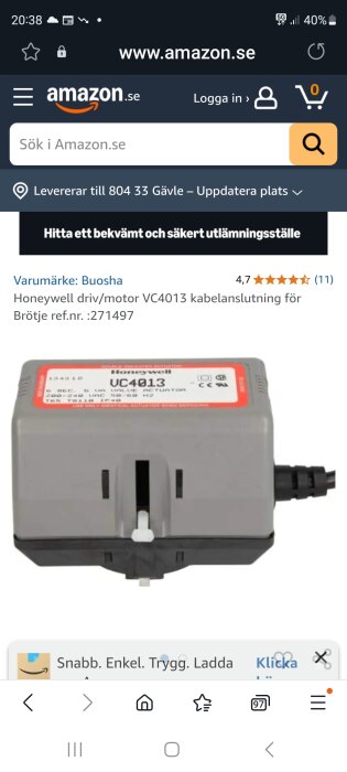 Drivmotor Honeywell VC4013, används för växelventilanslutning i värmesystem, visas på en Amazon-sida.