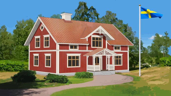 Rött svenskt trähus med vita knutar och veranda, svensk flagga i bakgrunden.