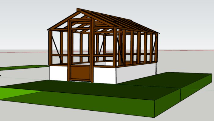 Digital 3D-modell av ett träväxthus med glaspartier på en grön plats, ovanpå en vit grund.