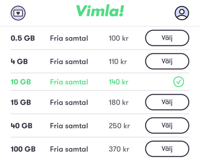 Prisschema för Vimla mobilabonnemang: olika datamängder med fria samtal, från 0,5 GB för 100 kr till 100 GB för 370 kr per månad.