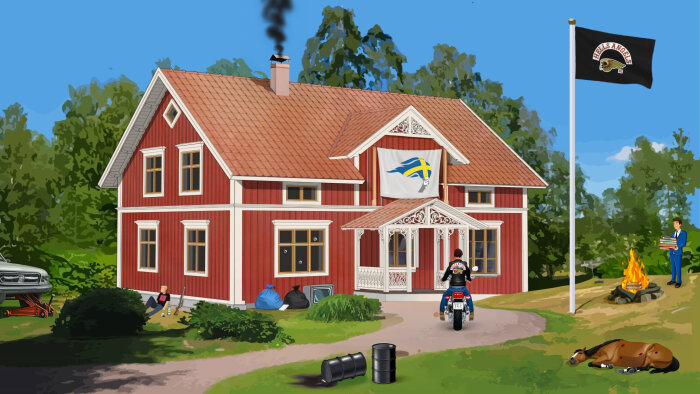 Rött hus med svensk flagga, motorcyklist, brinnande tunna, man vid brasa. Trädgård med klippt gräs, bil i bakgrunden, liggande häst.