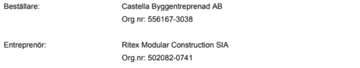 Beställar- och entreprenörsinformation med organisationsnummer.