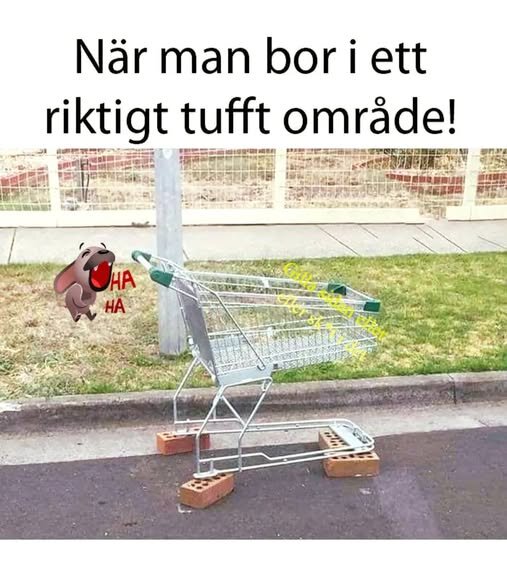 En kundvagn säkrad mot stöld med tegelstenar vid ett trottoarkant, texten "När man bor i ett riktigt tufft område!