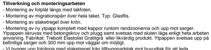 En lista med instruktioner för montering av takmaterial, inklusive användning av Trebolit Elastolist Gratitgrå eller likvärdig produkt.