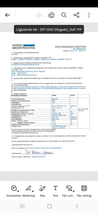Prestandadeklaration för Izolmat plan monomax från Nordic Waterproofing med tekniska specifikationer och kontaktinformation.