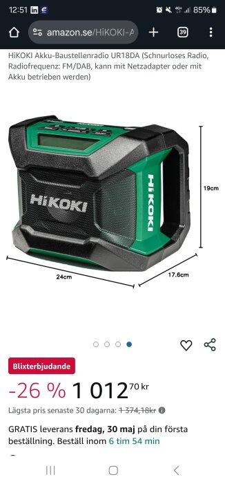 HiKOKI bärbar byggarbetsradio UR18DA i svart och grönt med FM/DAB och batteridrift. Måttangivelser visas. Priset reducerat med 26% på Amazon.
