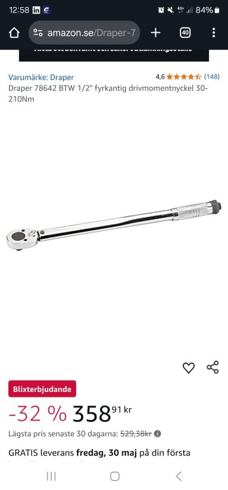 Momentnyckel av märket Draper, 1/2", med intervallet 30-210Nm, listad till priset 358,91 kr på Amazon.