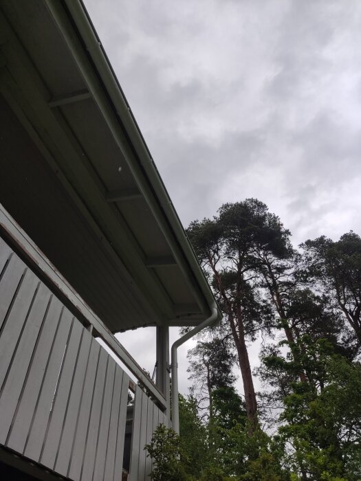 Sutteränghus och takfotsbräda, grå himmel, omgivande träd.