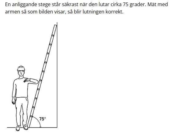 En illustration visar rätt lutning för en stege vid 75 grader. En person står vid stegen och når den med armen för att kontrollera lutningen.
