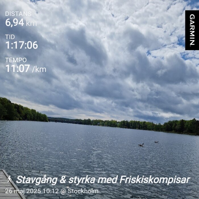 Sjön med molntäckt himmel, två fåglar simmar i vattnet. Text visar distans, tid, tempo. Datum och aktivitet: Stavgång och styrka med Friskiskompisar i Stockholm.